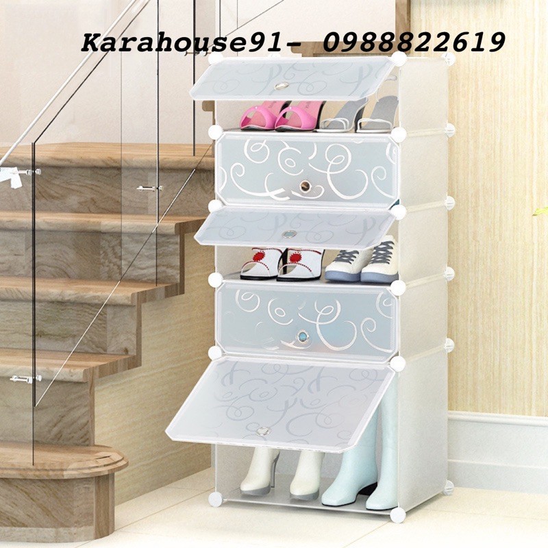 Tủ giầy nhựa lắp ghép 5 ô, có cửa, 5 tầng để được 10 đôi giày, có ô để bốt (Đen vân, Vàng trơn, Xanh dương, Hồng phấn)