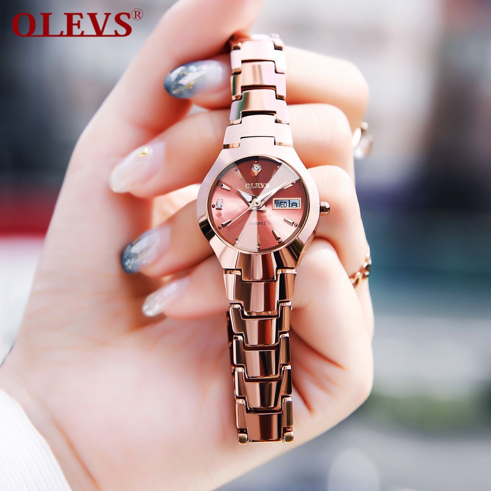 ┅OLEVS Đồng hồ nữ doanh nhân không thấm nước Vonfram thép hồng vàng Jam tangan wanita nguyên bản nam phát sáng