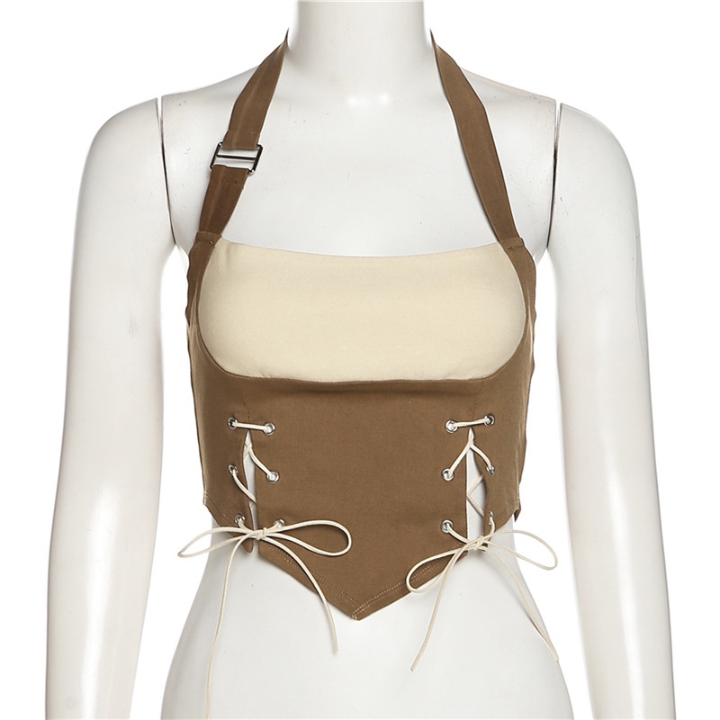 DUNEA Áo hai dây ôm dáng hở lưng màu tương phản thời trang dành cho nữ