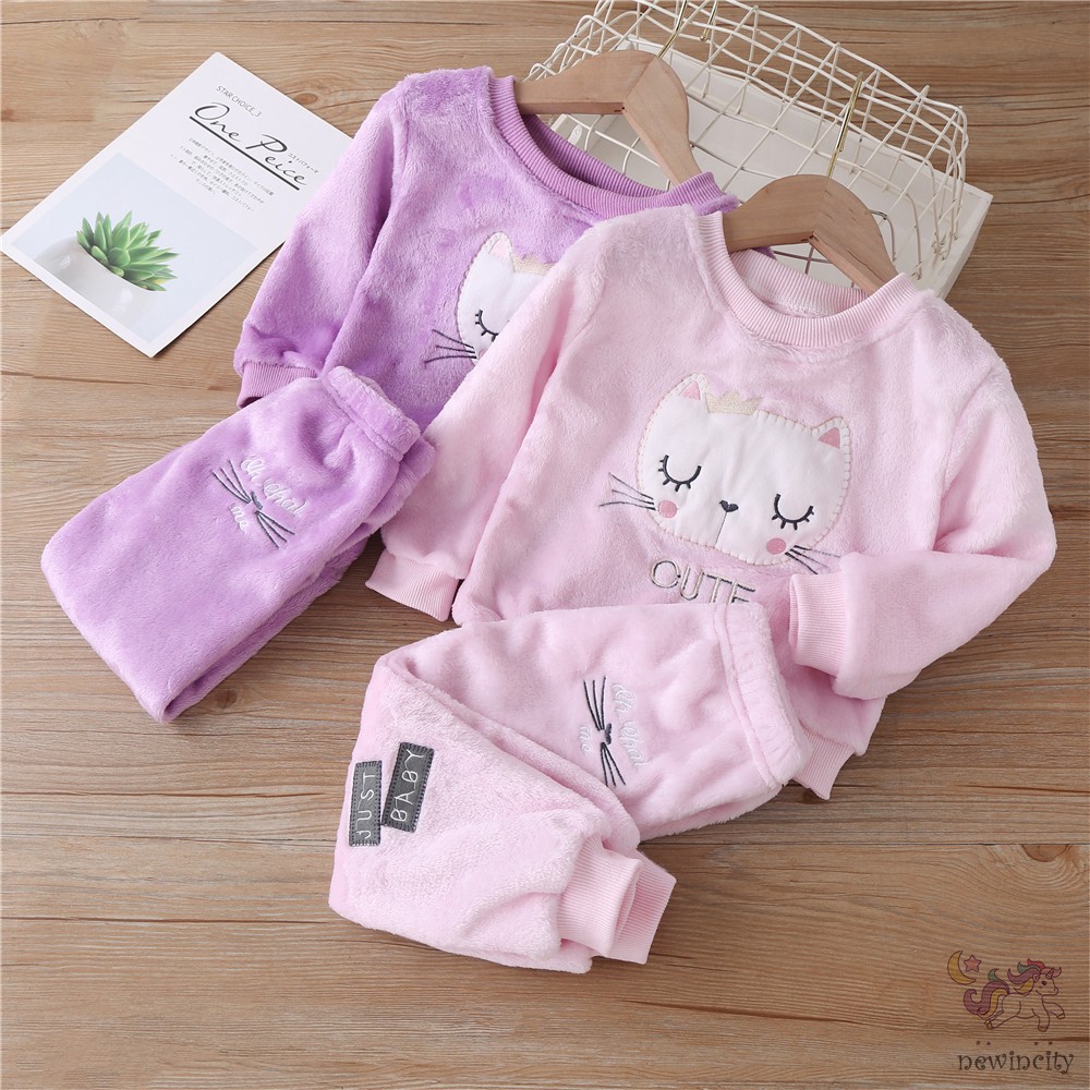 Bộ đồ ngủ áo tay dài + quần dài chất flannel họa tiết hoạt hình thời trang mùa đông dễ thương cho bé gái