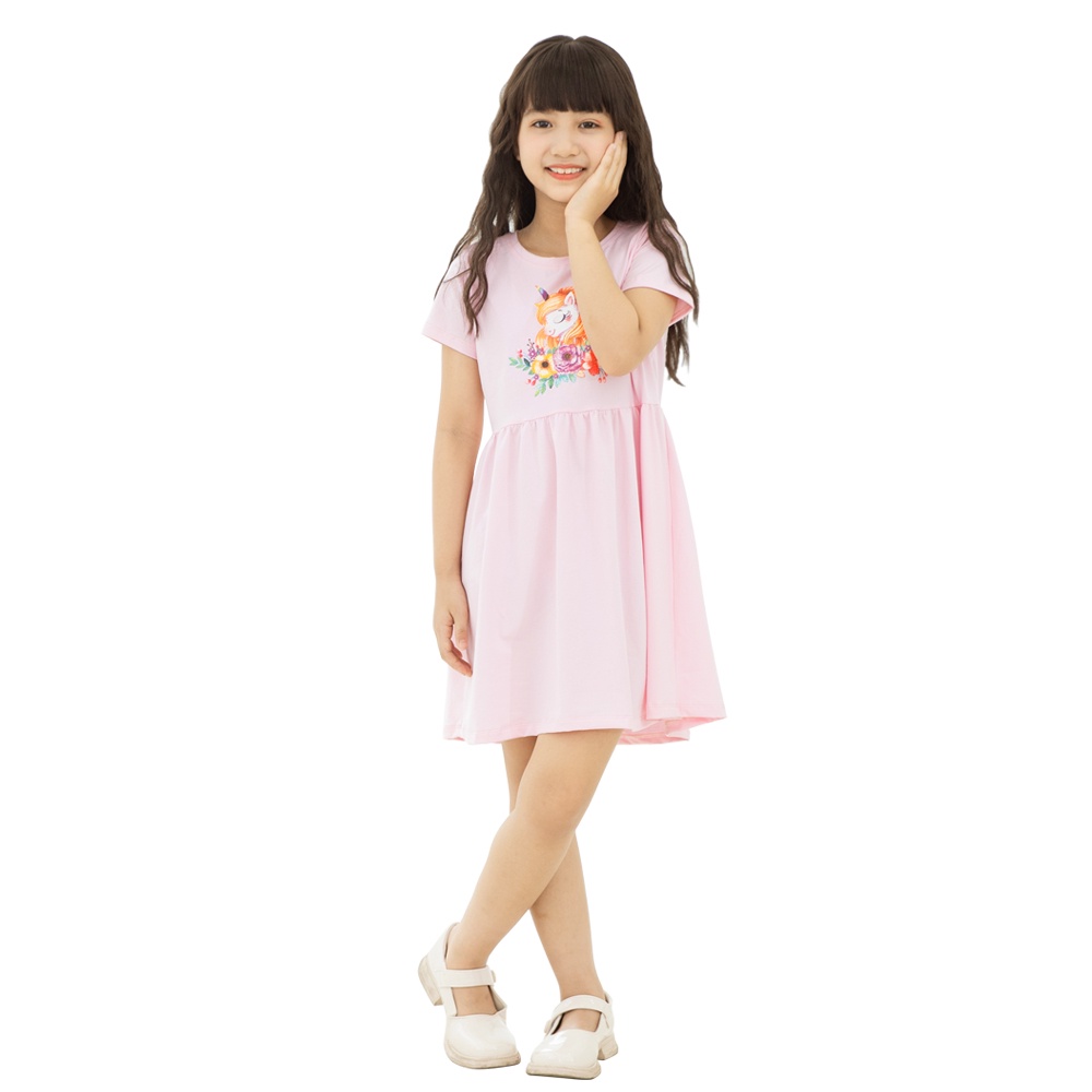 VÁY BÉ GÁI MẶC NHÀ 100% COTTON MÀU HÔNG DÂU IN KỲ LÂN_K11