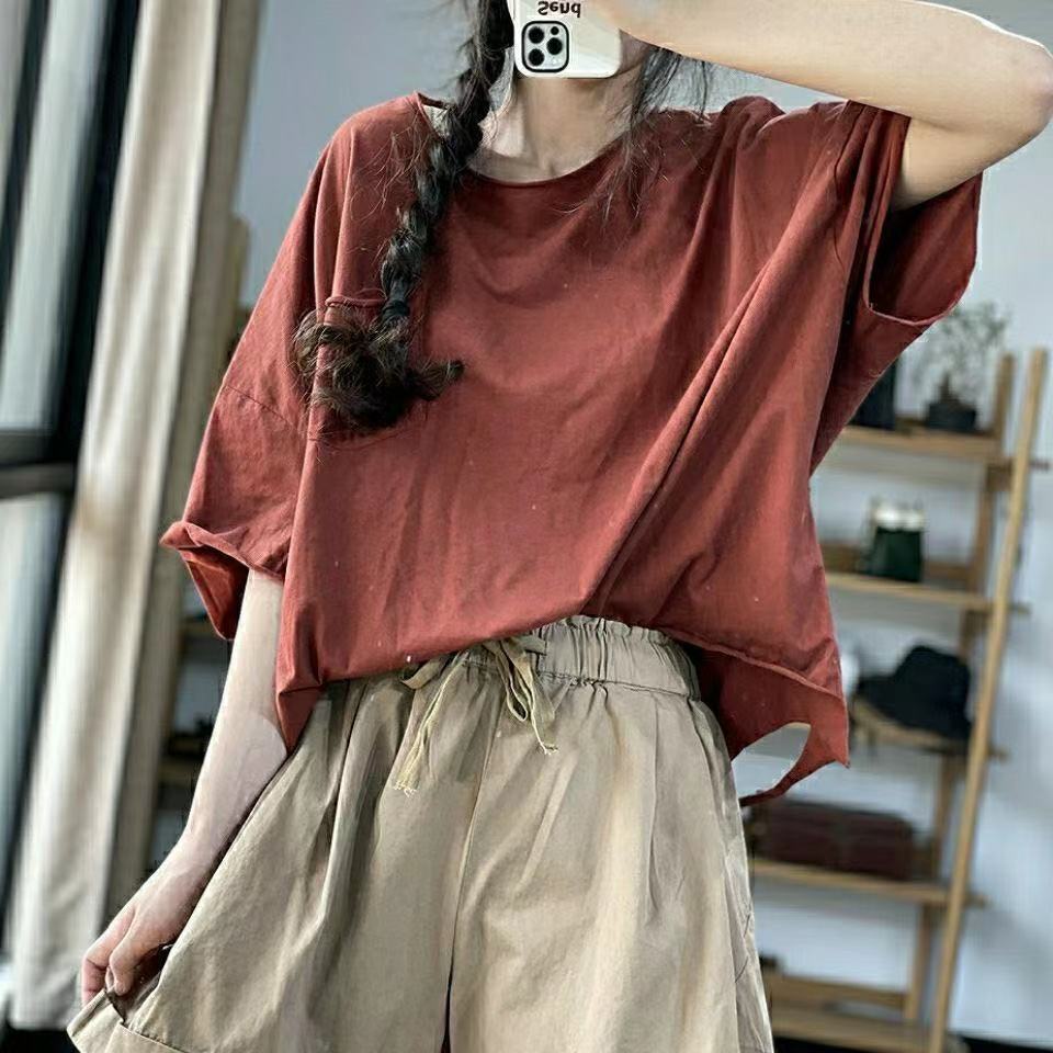 Áo Thun Ngắn Tay Dáng Rộng Lưng Ngắn Vải Cotton Mỏng Màu Trơn Kiểu Hàn Quốc Thời Trang Mùa Hè Cho Nữ