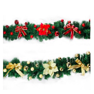 Phụ kiện trang trí noel Dây lá thông kèm hoa và nơ dài 2.7m