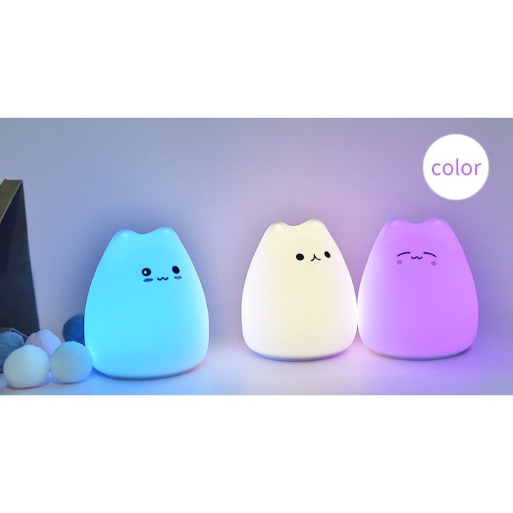 Đèn ngủ mèo silicon siêu cute nhiều chế độ sáng, Tiết kiệm điện- Kèm pin sẵn