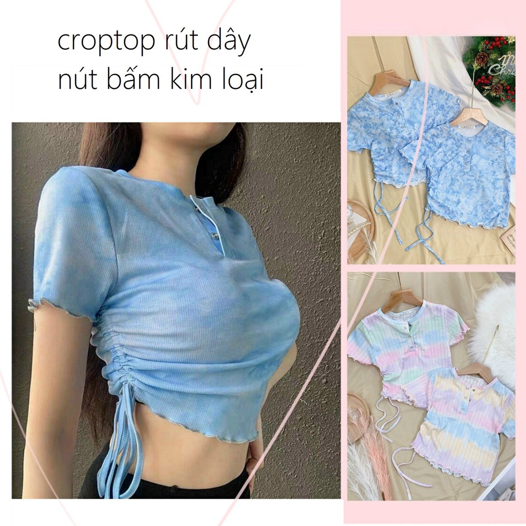 [HÌNH THẬT] ÁO CROPTOP XỊN LOANG MÀU THUN GÂN NHỎ MỊN BẤM NÚT KIM LOẠI, RÚT DÂY HÔNG - CROP ÔM BODY TAY NGẮN ULZZANG 186