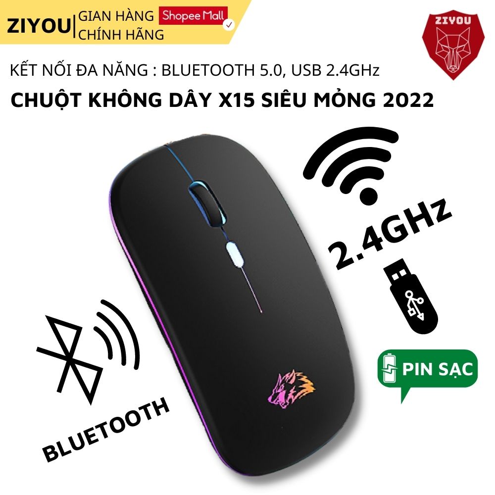 Chuột Không Dây Bluetooth Siêu Mỏng ZIYOU X15 Sử Dụng Pin Sạc Lithium, Có Led RGB, Kết Nối Đa Năng Máy Tính, Laptop, TV