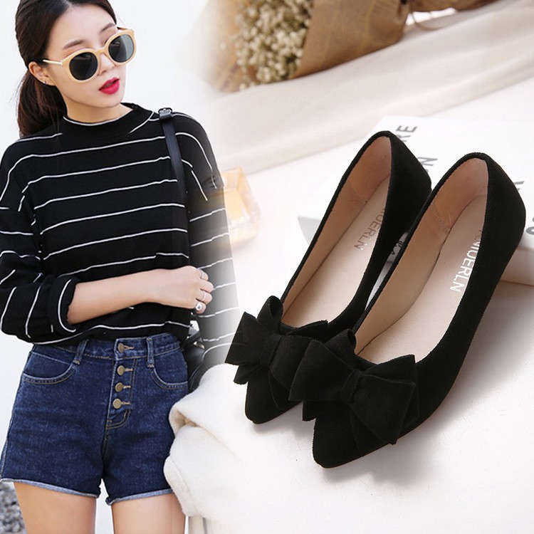 Giày Búp Bê Mũi Nhọn Đế Bằng Đính Nơ Thiết Kế Mới Có Size 34-41 Cho Nữ