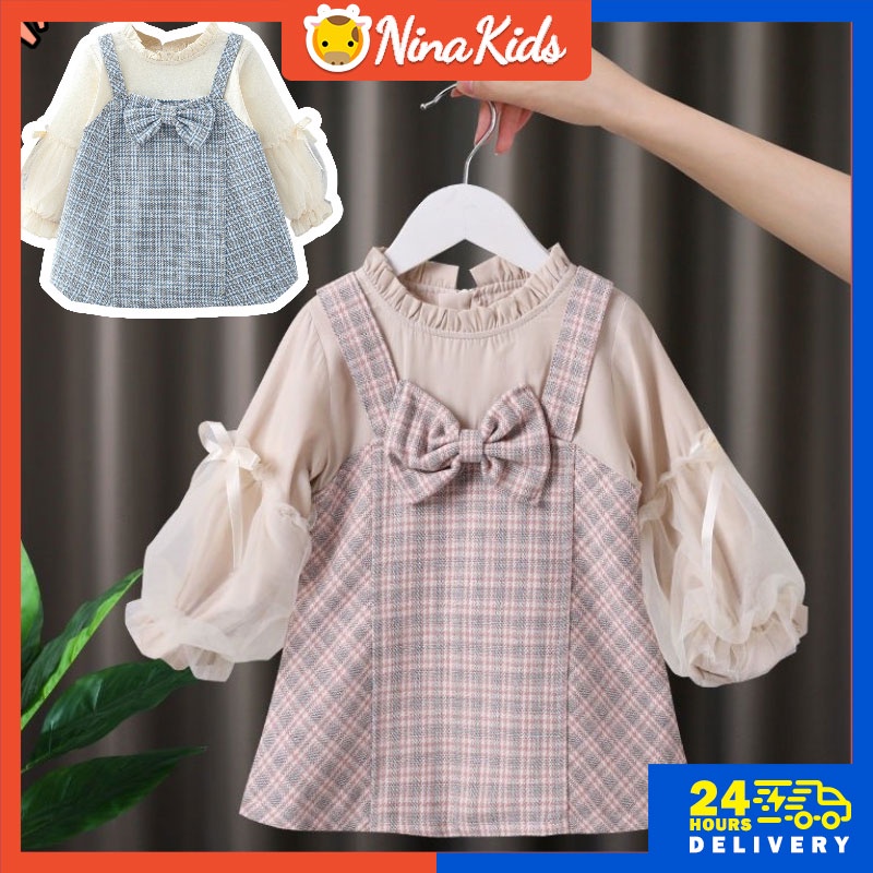 Đầm tay dài phối lưới thắt nơ họa tiết sọc caro thời trang mùa hè dành cho bé gái 0-5 tuổi