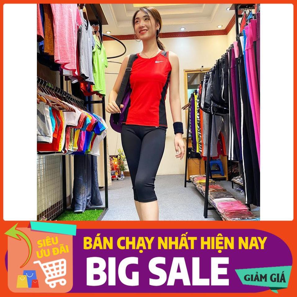 Set Bộ Đồ Tập Gym Yoga Aerobic Cho Nữ Đẹp, Cao Cấp, Big Size, Vnxk - Quần Lửng, Cạp Cao, Nâng Mông Áo Kín Bụng 3 Lỗ