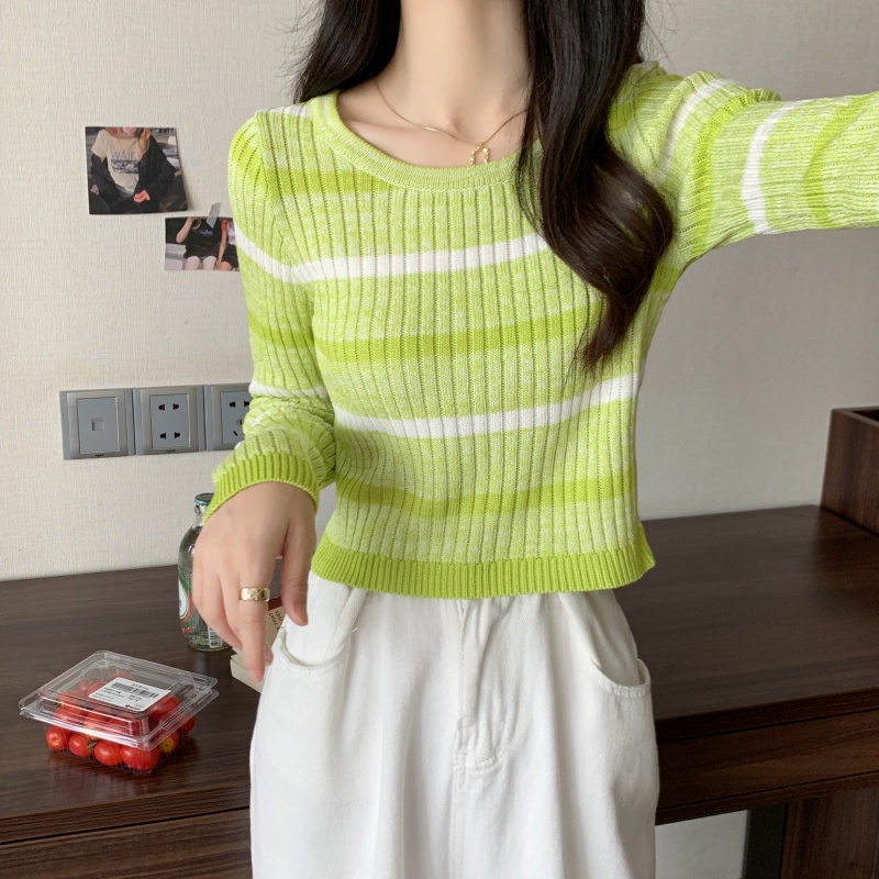 ZHELIHANGFEI Áo Len Tay Dài Form Ôm Họa Tiết Sọc Dễ Phối Đồ