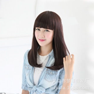 Tóc nguyên đầu cao cấp ngang vai mái ngố tặng lược + lưới