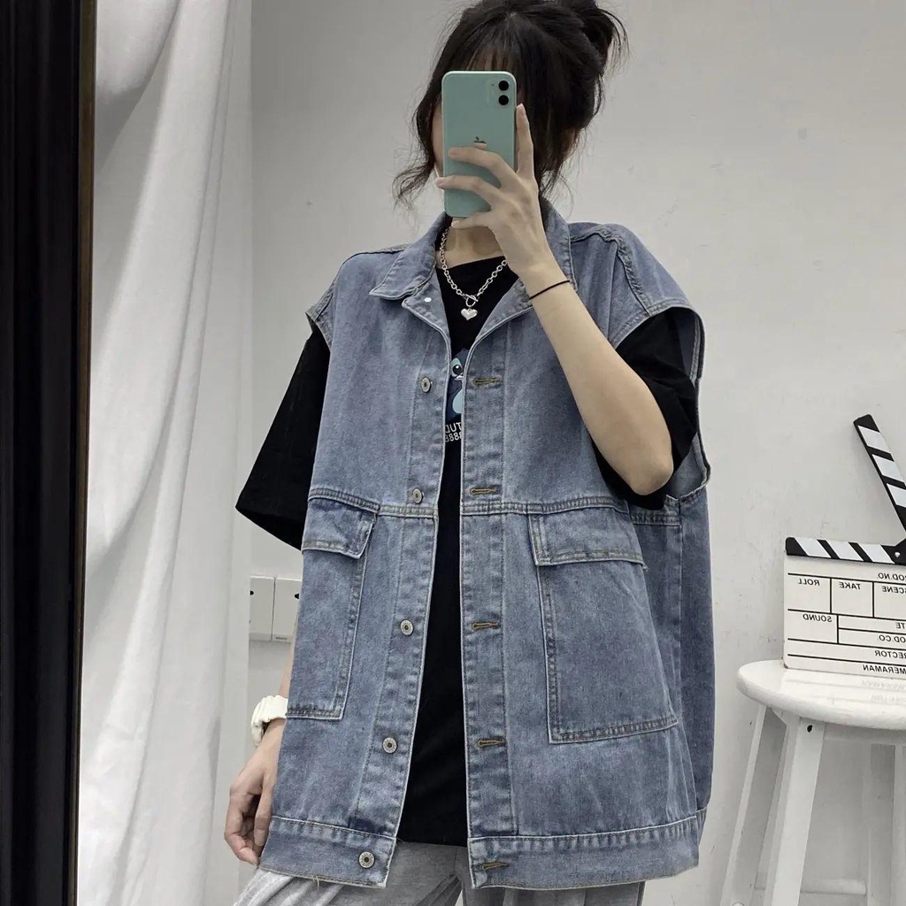 Ip-áo Khoác denim Không Tay Dáng Rộng oversize Thêu Chữ ZY Phong Cách Đường Phố Nam Tính ins