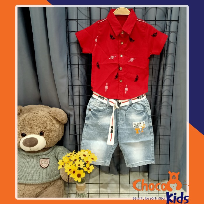 ÁO SƠ MI BÉ TRAI MÀU ĐỎ THUN COTTON CO GIÃN 4 CHIỀU HỌA TIẾT MẶT TRĂNG
