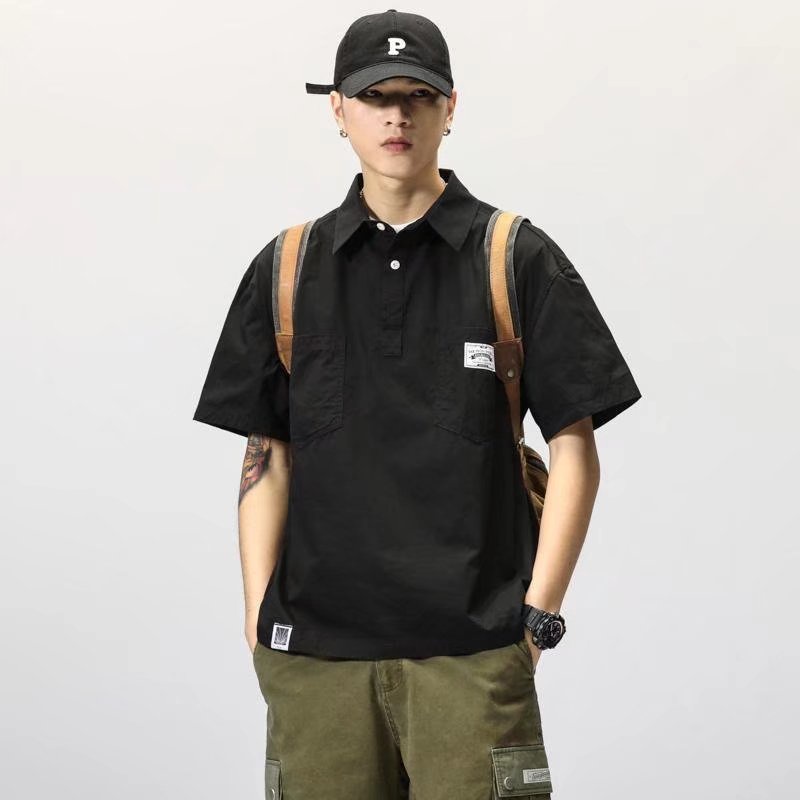 Áo Thun polo Dáng Rộng Tay Lửng Phong Cách retro Mỹ Nhật Bản Dành Cho Nam