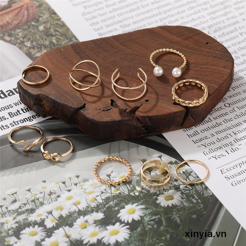 🌺 Set 10 nhẫn đeo tay bằng kim loại đính đá và ngọc trai thanh lịch sành điệu cho nữ