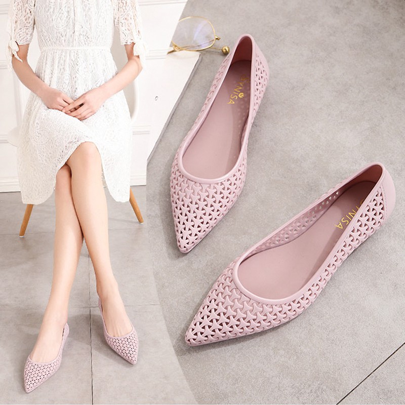 SIÊU GIẢM GIÁ Giày búp bê nữ đi mưa,nhựa dẻo mủi nhọn sang trọng,hoa văn đang chéo -307