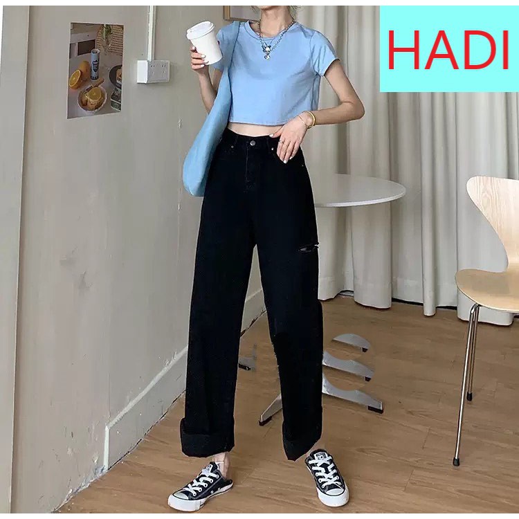 QUẦN ỐNG RỘNG JEAN NỮ LƯNG CAO RÁCH BE TRÁI CAO MÀU ĐEN CAO CẤP HADI ĐỦ SIZE S, M, L LAI CUỐN BASIC, VẺ ĐẸP [ BÁ CHÁY ]