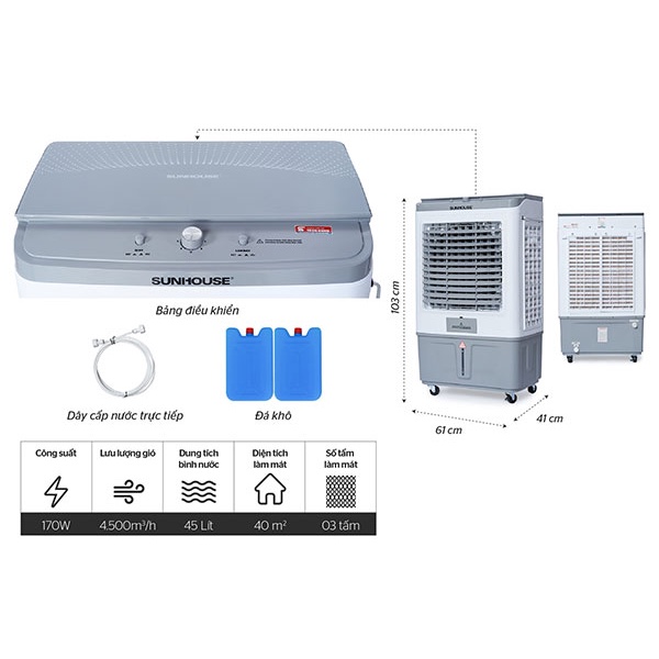 Quạt hơi nước Sunhouse SHD7739 45 lít chính hãng, quạt điều hoà, máy làm mát không khí - Hàng trưng bày - Điện máy Sunmy