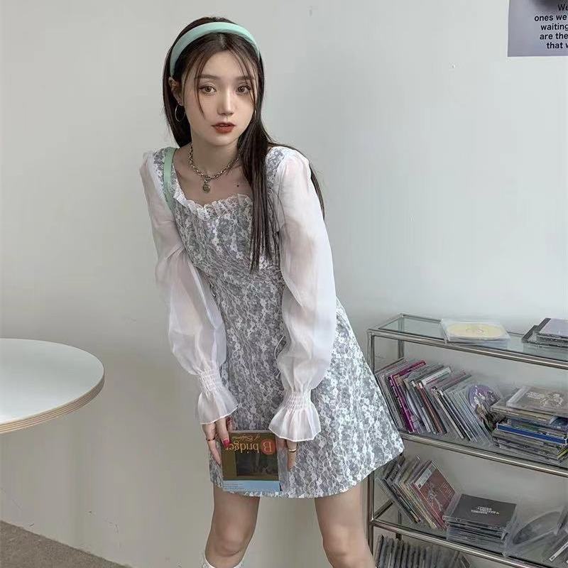 Đầm Chiffon ôm eo phối ren họa tiết hoa thời trang cho nữ