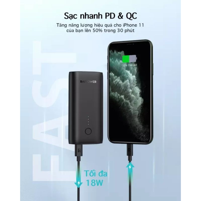 😍 Lõi PIN LG21700 😍Sạc dự phòng 10000mAh hỗ trợ sạc nhanh PD QC 3.0 18W RAVPower RP-PB205