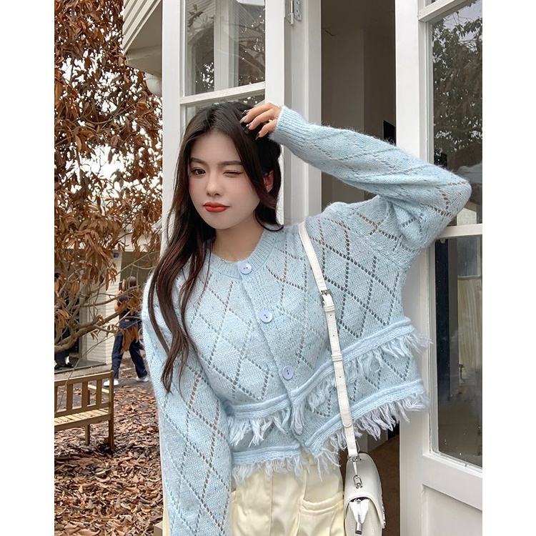 Áo Khoác Cardigan Dệt Kim Phối Tua Rua Thời Trang Mùa Thu Thanh Lịch