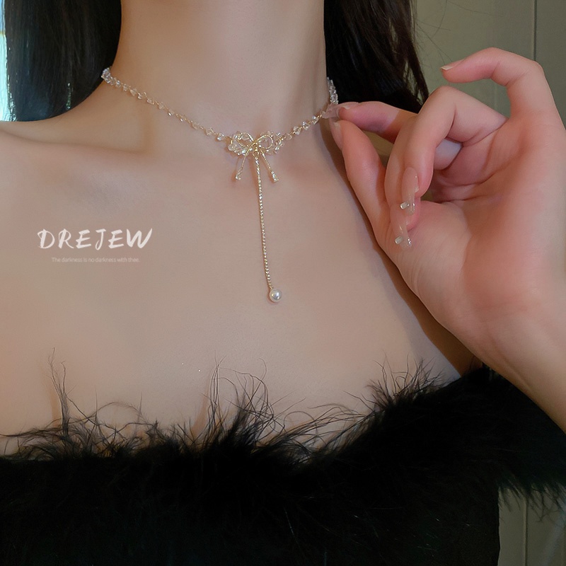 DREJEW Dây Chuyền Mạ Vàng Mặt Hình Nơ Đính Đá Zircon Thời Trang