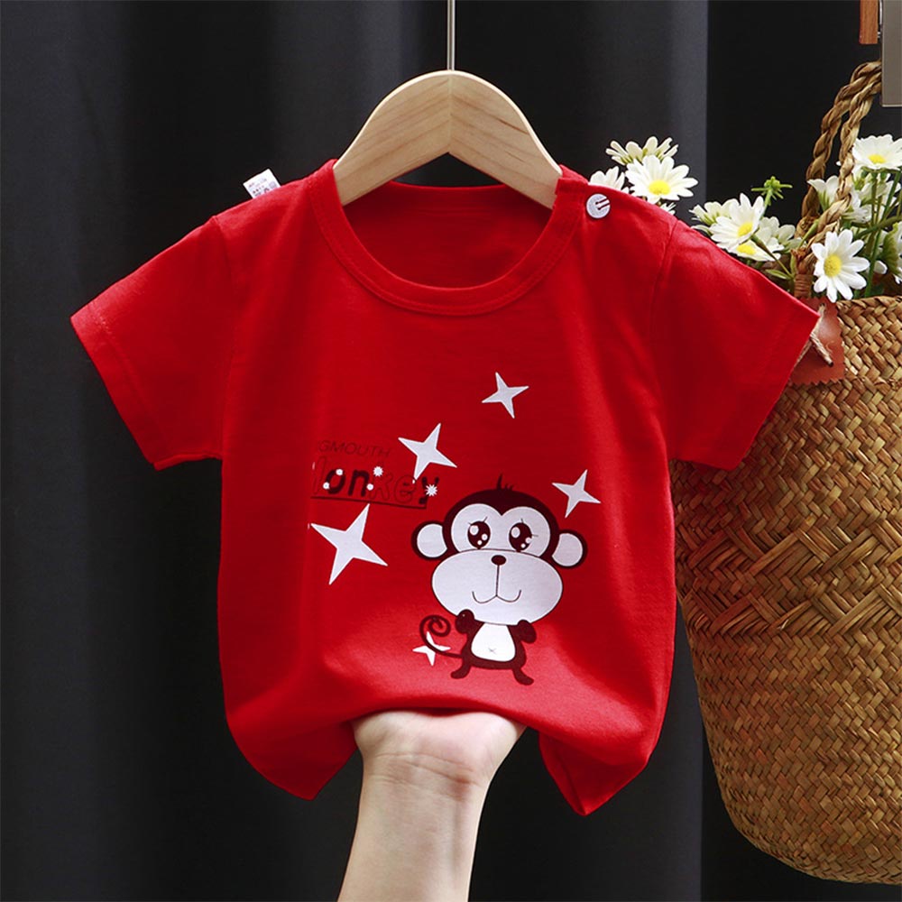 Áo Thun Cotton Cổ Tròn Tay Ngắn In Hình Động Vật Dễ Thương Thời Trang Mùa Hè Cho Bé