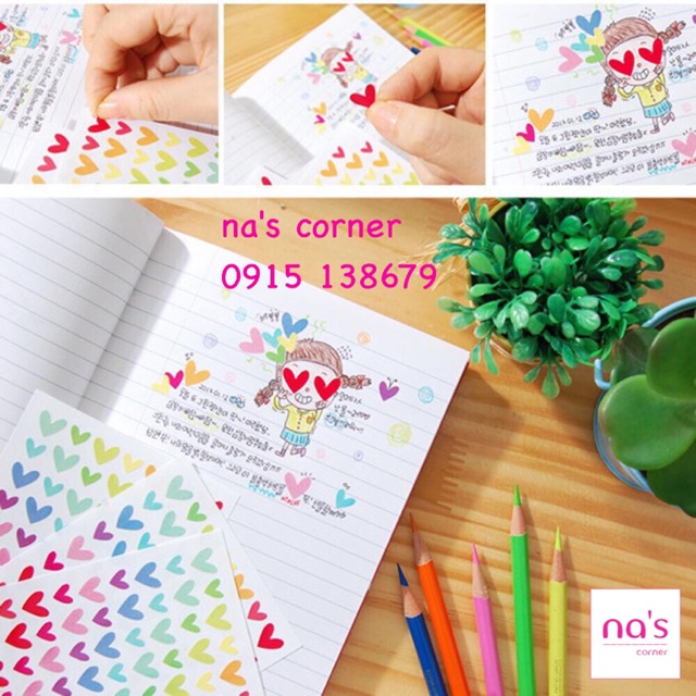 Bộ 6 tờ Decal dán miếng dán trang trí hình tim, ngôi sao, tròn sticker stickers