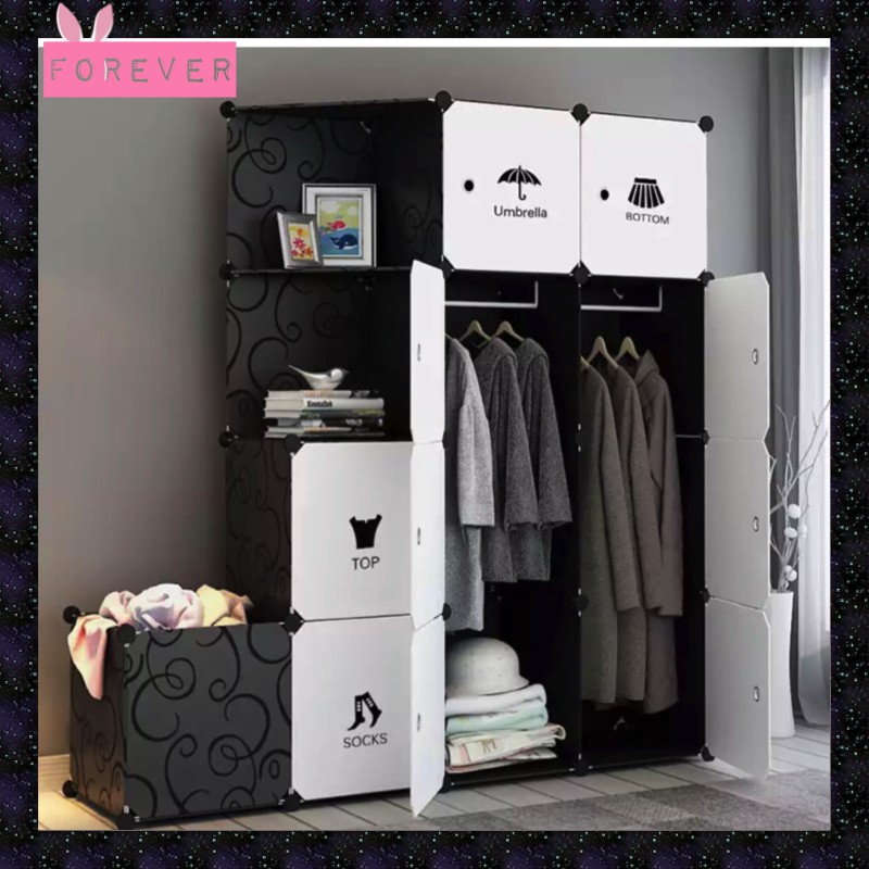 Tủ nhựa ghép giá rẻ 12 ô + 1 ô để đồ màu đen, cửa trắng decal quần áo