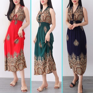 Đầm maxi trung niên đi biển họa tiết hoa ba màu AMYRA - Váy lanh maxi trung niên mặc nhà cho mẹ đi biển Mx001