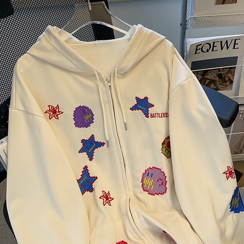 Áo khoác ZHELIHANGFEI có mũ trùm đầu tay dài dáng rộng thêu họa tiết ngọt ngào