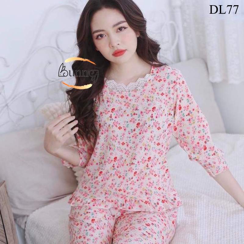[Bunny]ĐỒ BỘ MẶC NHÀ TAY LỠ HỌA TIẾT HOA LÁ, CHẤT LIỆU LỤA MỀM MÁT, FOM DÁNG ĐẸP