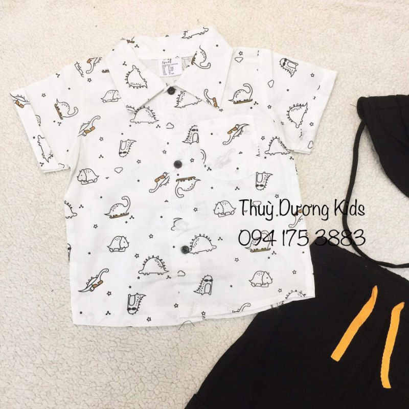 Bộ hè Hm áo sơ mi họa tiết khủng long kèm quần và mũ cho bé 1-5y