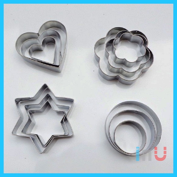 HCM - Bộ 12 khuôn cutter cắt bánh quy hình khối Tròn, Sao 6 cánh, Trái Tim, Bông hoa