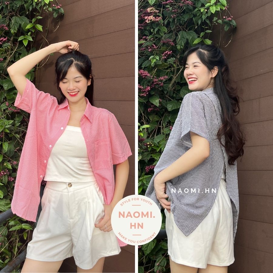Sơ mi nữ tay ngắn chất kẻ xốp mát mix tà xẻ sau lưng độc lạ sang chảnh. Áo sơ mi form rộng Hàn Quốc nhiều màu HOTHIT.