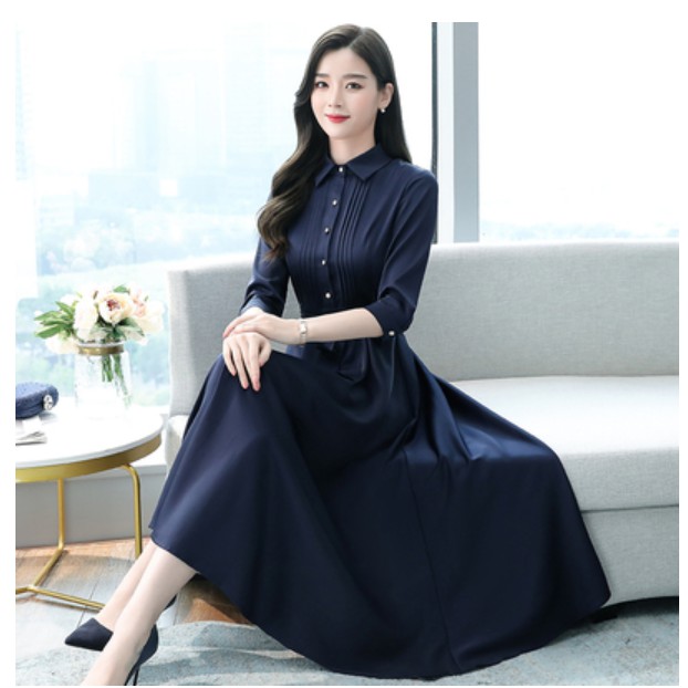 Plus Đầm Sơ Mi Dáng Chữ A Tay Lỡ 3 / 4 Màu Trơn Thanh Lịch Thời Trang Cho Nữ Size M-3Xl