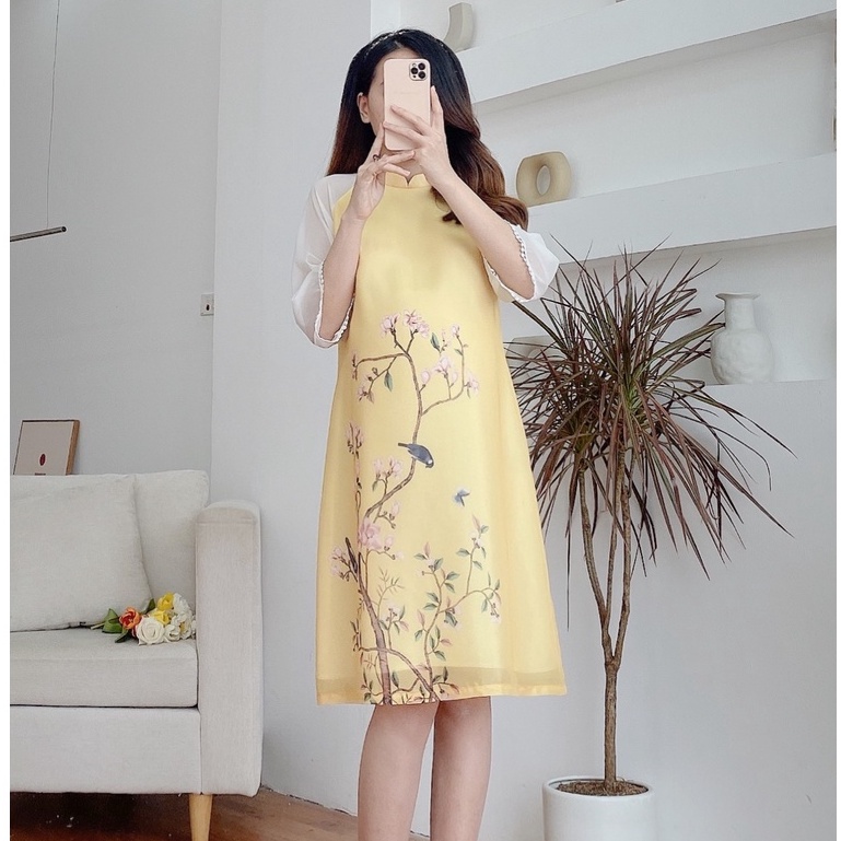 MEDYLA - Váy bầu thiết kế cách tân 2 lớp tơ lót lụa cao cấp cho mẹ bầu diện tết - VS924