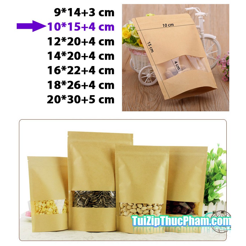 100 cái túi zip MIS size 10x15 cm đựng 70g bột mịn, túi zipper giấy kraft vàng có cửa sổ đựng thực phẩm chất lượng cao