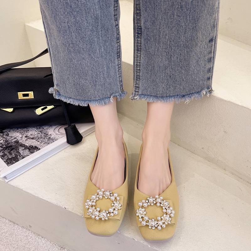 Giày búp bê đế bằng màu trơn đính ngọc trai phong cách Hàn Quốc thời trang cho nữ