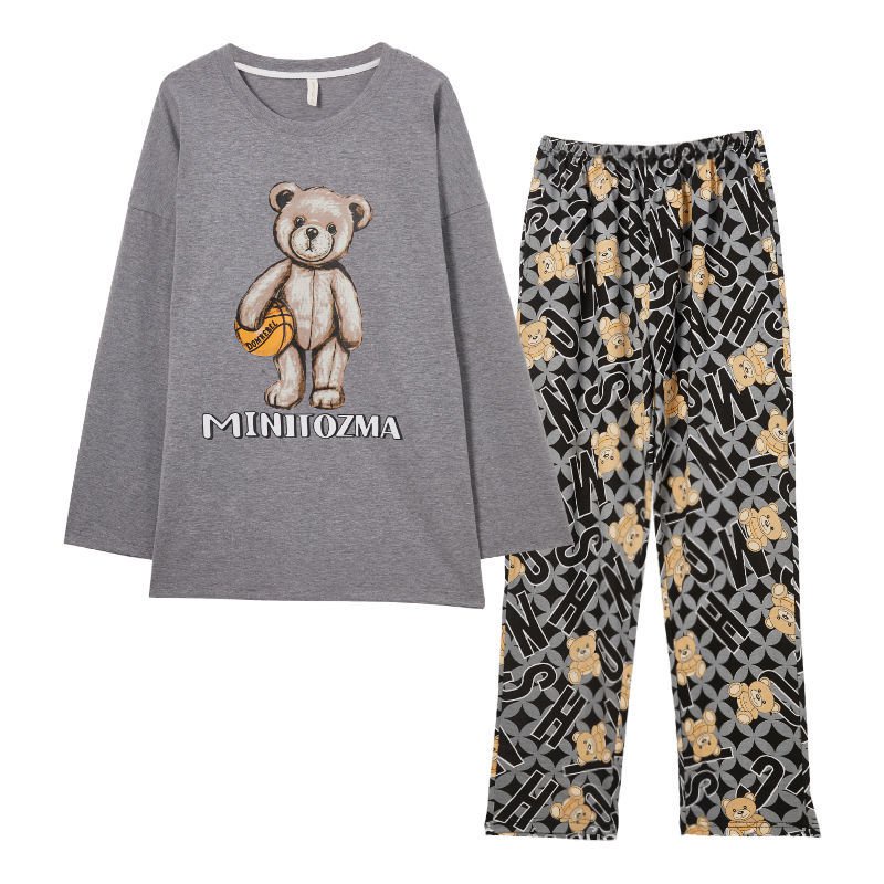 Bộ đồ ngủ tay dài in hình gấu Teddy hoạt hình thời trang xuân thu h5bb