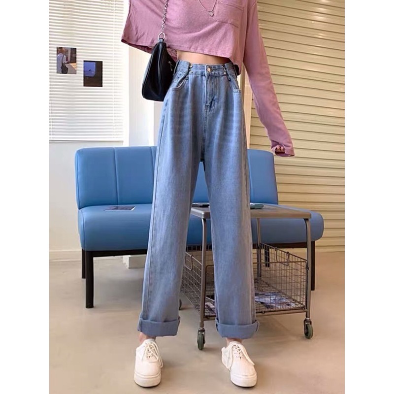 (ORDER) Quần jeans ulzzang ống rộng có nút nhỏ eo quần size đến 4XL có loại lót lông