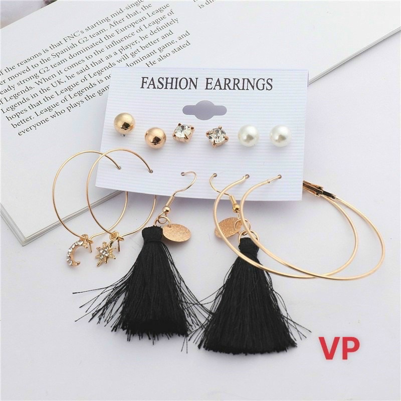 SÉT 6 ĐÔI KHUYÊN TAI FASHION CÓ TUA ĐEN