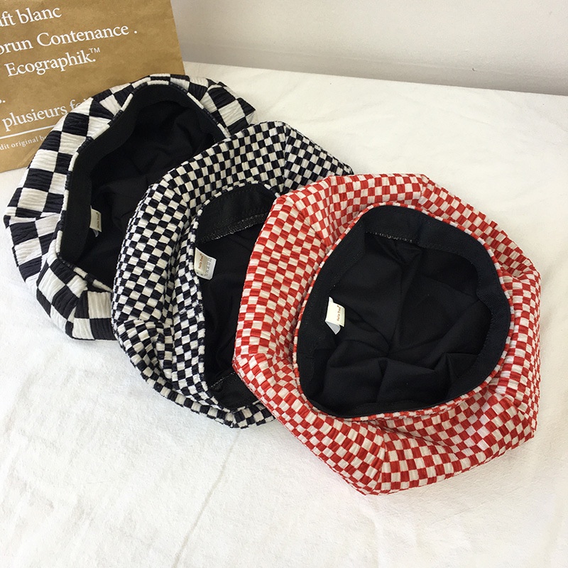 Mũ Nồi Ulzzang Unisex, Nón Beret Họa Tiết Sọc Ca Rô Đen Trắng Cổ Điển Vintage, Phong Cách Hàn Quốc - Iclassy_shoes