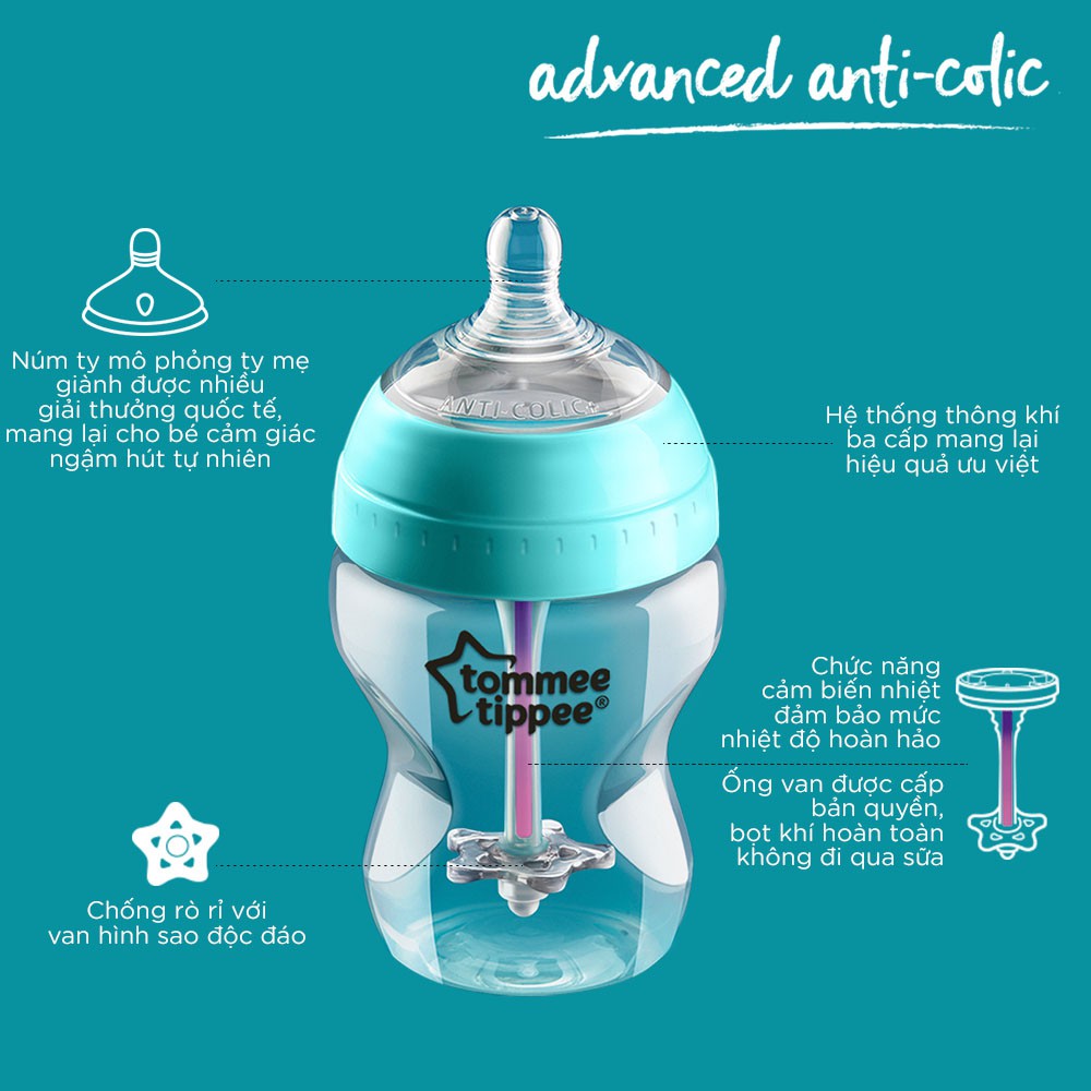 Bình sữa chống siêu chống đầy hơi kèm báo nhiệt Tommee Tippee Advanced Anti-Colic 260ml, núm ty đi kèm 0-3 tháng