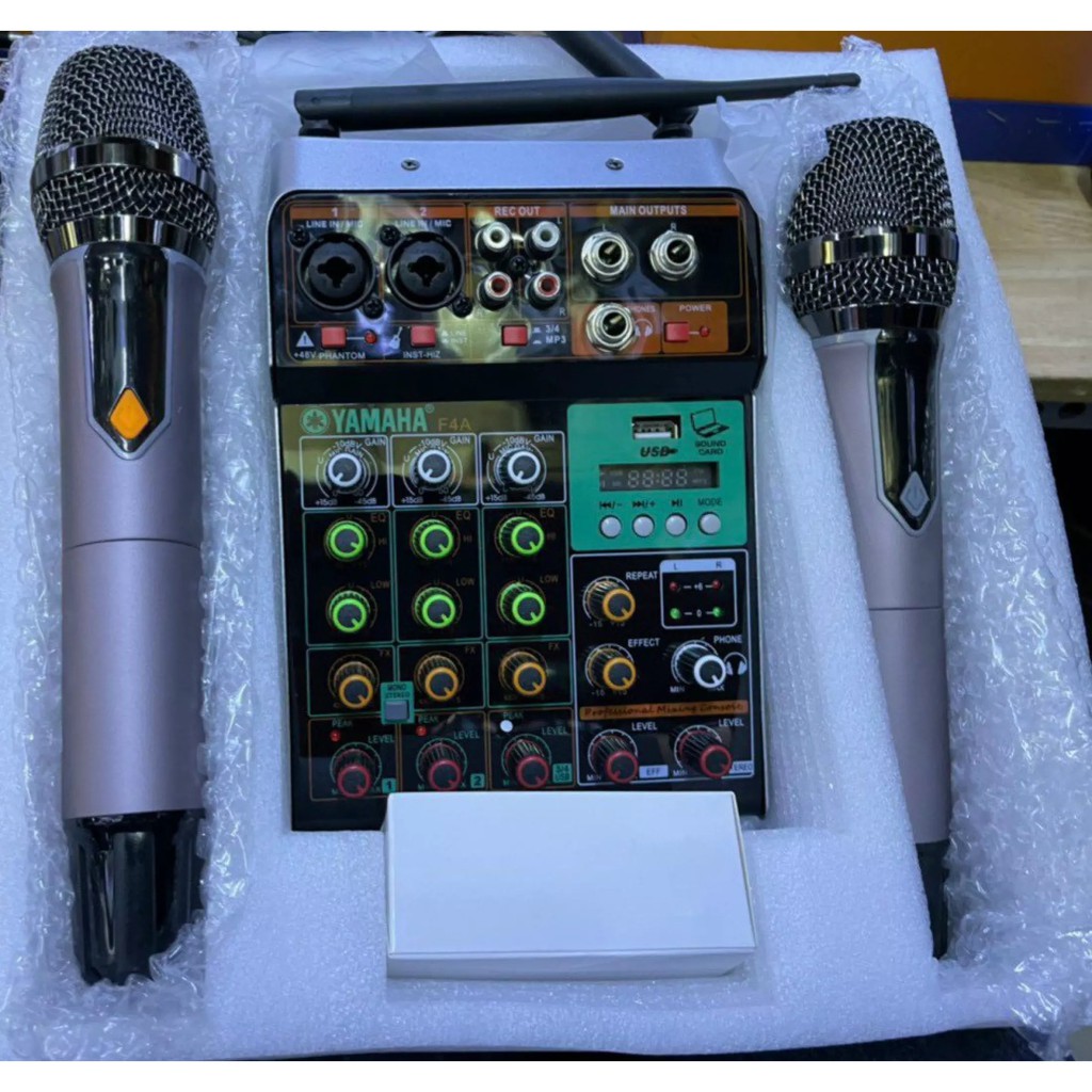 BỘ MIXER LIVESTREAM YAMAHA F4A BLUETOOTH - KÈM 2 MICRO KHÔNG DÂY CAO CẤP ( tặng jack bông sen + jack 3.5 bông sen )
