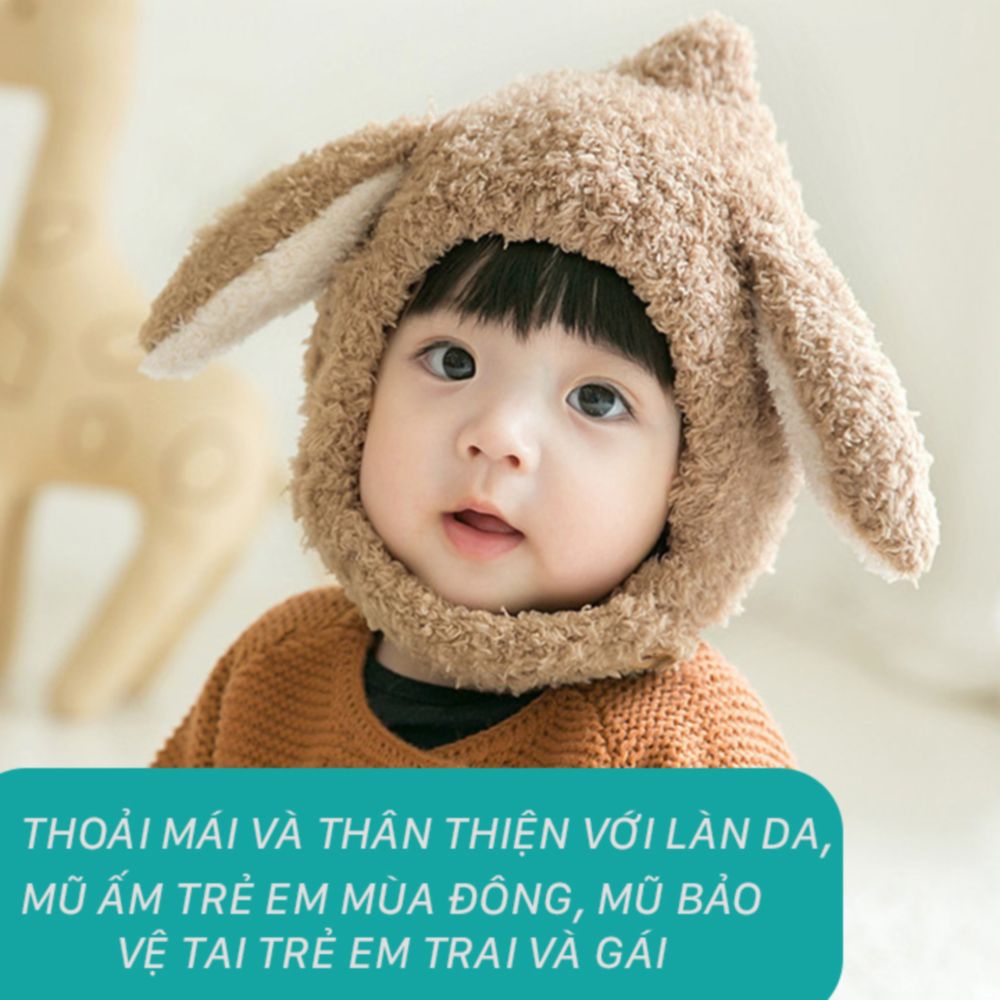 Mũ len lông cừu cho bé sơ sinh từ 5 – 36 tháng, họa tiết tai thỏ giữ ấm cho bé trai, bé gái (nón len cho bé)