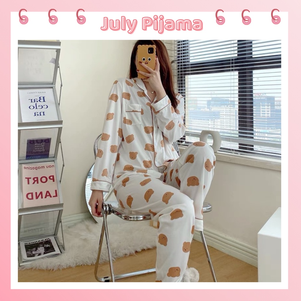 Đồ ngủ quần áo mặc nhà pijama nữ dài tay, đồ bộ nữ mùa hè hình gấu dễ thương chất thun sữa mát July
