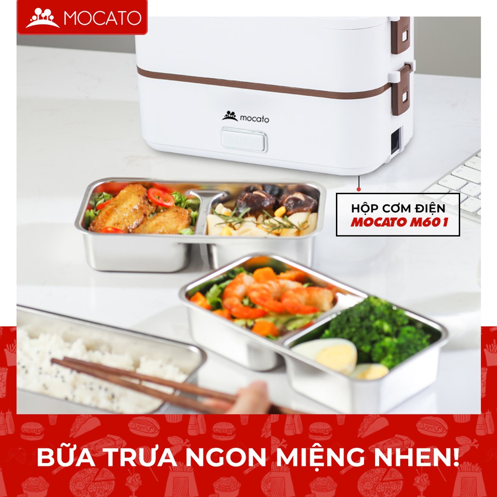 Hộp cơm cắm điện Mocato M601 inox 304 cao cấp, nồi nấu đựng cơm 2 tầng tự sôi mini văn phòng hâm nóng giữ nhiệt đa năng