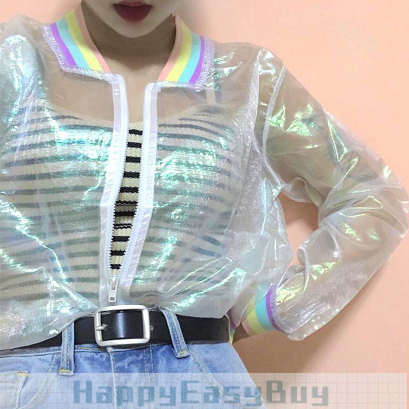 Áo khoác form lửng trong suốt phối cổ tay áo màu cầu vồng cá tính | BigBuy360 - bigbuy360.vn