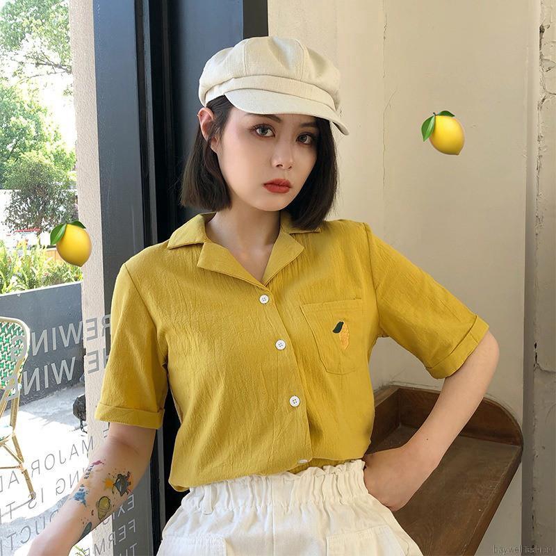 Áo sơ mi kiểu cổ bẻ ngắn tay thêu họa tiết trái cây cho nữ